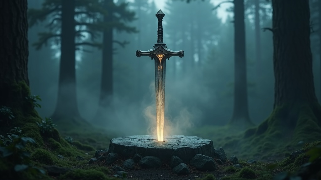 Sword resting on an ancient stone in a mystical forest
